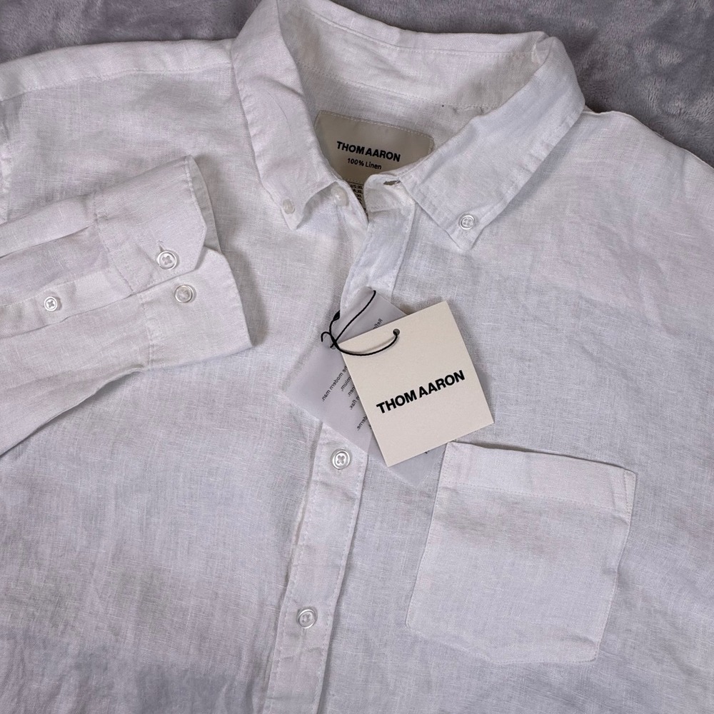 Thom Aaron Mens White 100% Linen Long Sleeve Button Down Shirt XL New